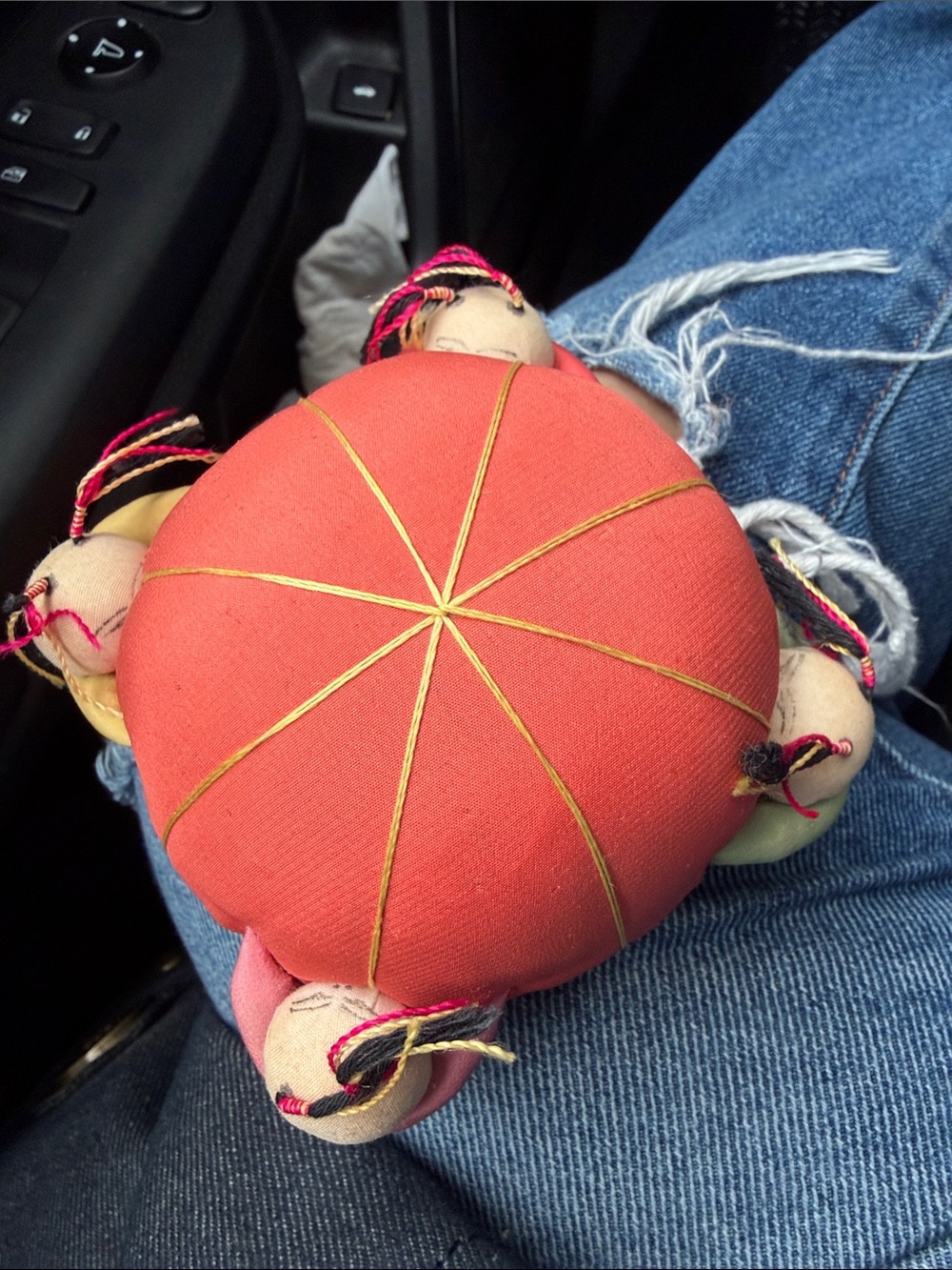 Handmade Red Fabric Pin Cushion with Decorative Stitching